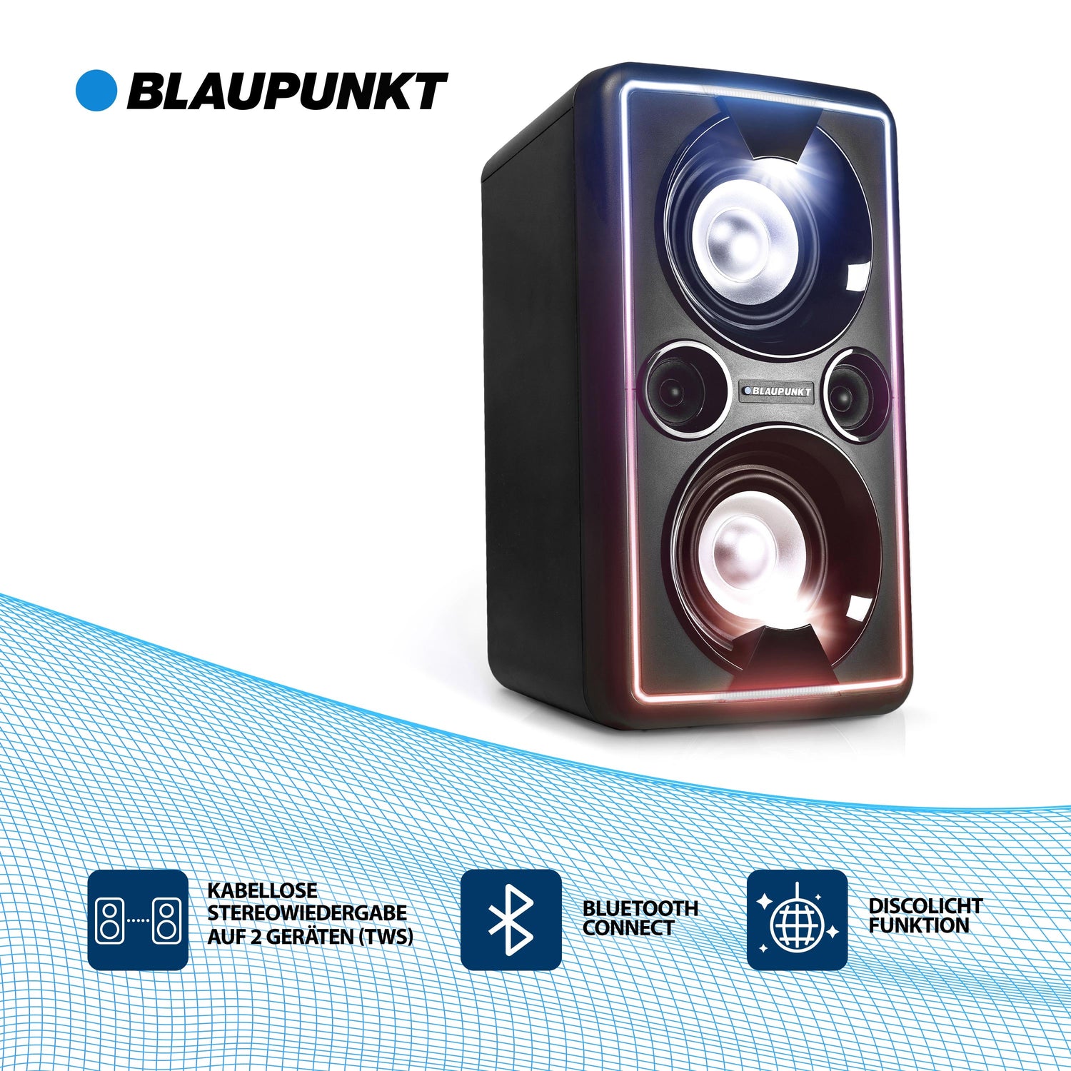 BLAUPUNKT PS 2000 Mobile PA Sound Anlage mit Akku &amp; Lichteffekten – Bluetooth Soundsystem mit Equalizer &amp; Radio inkl. Mikrofon (MP3, USB, AUX, 2 x 25 Watt RMS) 